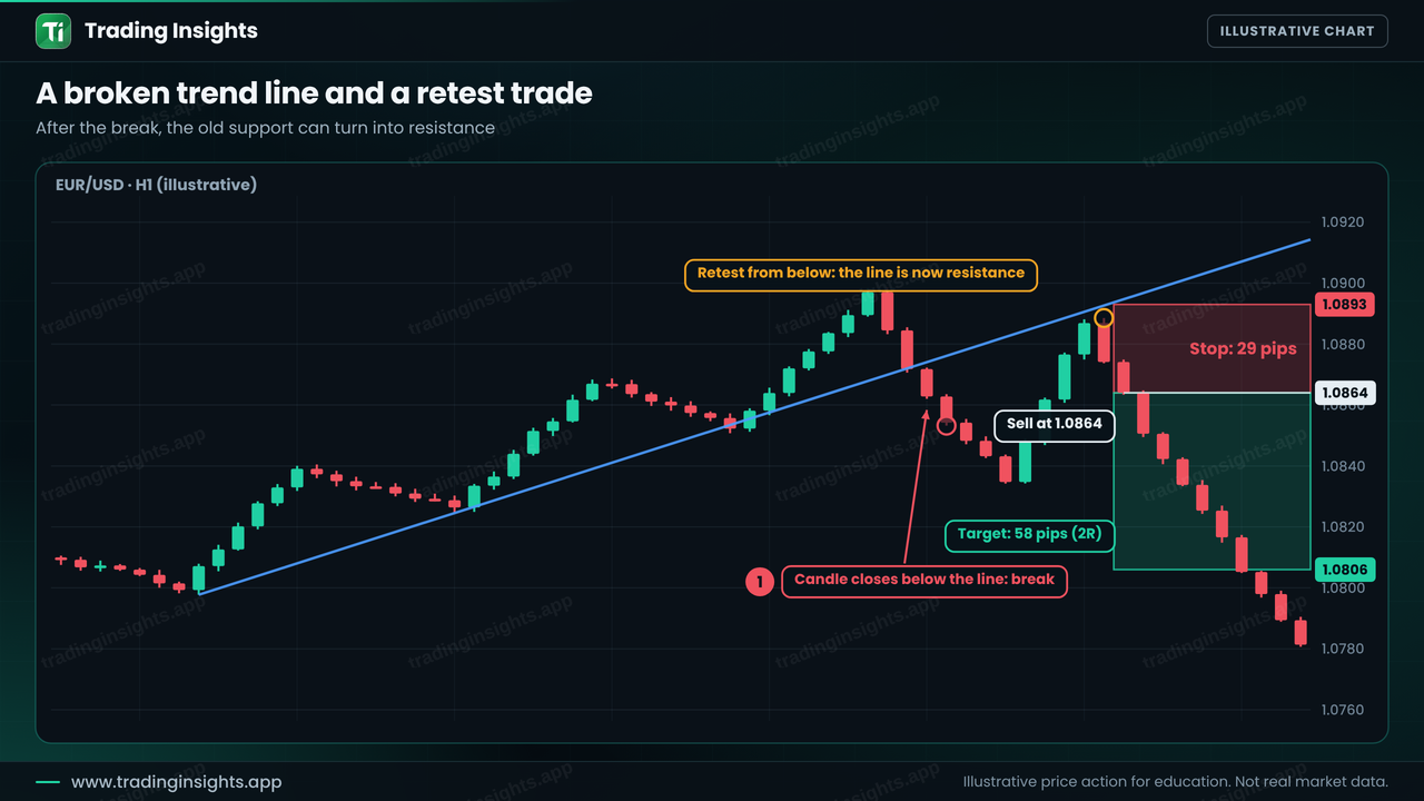 EUR/USD H1 chart of a broken ascending trend line with a sell at 1.0864 after a retest, a stop at 1.0893 for 29 pips and a target at 1.0806 for 58 pips