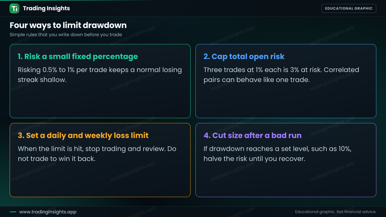 Four cards with rules to limit drawdown: risk a small fixed percentage, cap total open risk, set daily and weekly loss limits and cut position size after a bad run