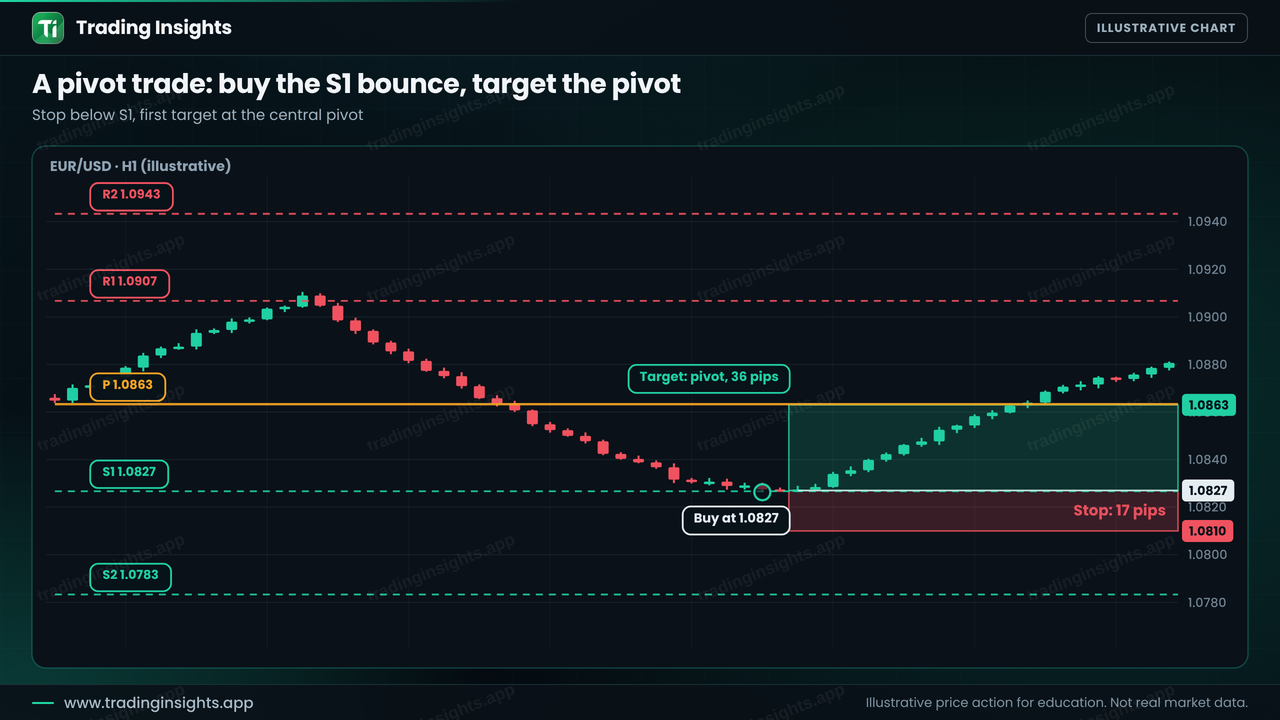 EUR/USD H1 chart of a pivot bounce trade with a buy at 1.0827 near S1, a stop at 1.0810 for 17 pips and a target at the pivot 1.0863 for 36 pips