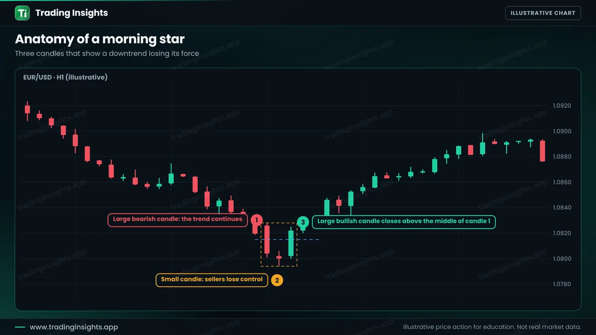 EUR/USD H1 chart of a morning star: a large bearish candle, a small star candle and a large bullish candle closing above the middle of the first candle