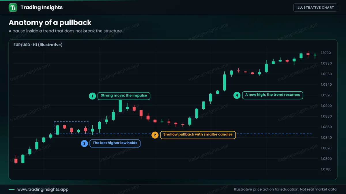 EUR/USD H1 chart of an uptrend with a strong impulse, a shallow pullback with small candles, the last higher low holding and a new high after it